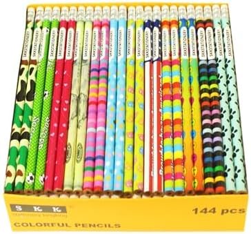 SKKSTATIONERY Assorted Colorful Pencils, Wooden Pencil with Eraser, Pencil Assortment, Novelty Pencils, Awards & Incentives, No.2 HB, Back to school, 12 Assorted Colors 144/box.