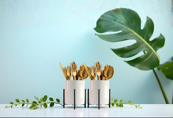 Black Pencil Cup Sturdy Metal Frame with White Ceramic Pen Holder For Desks and Kitchen Appliance holders