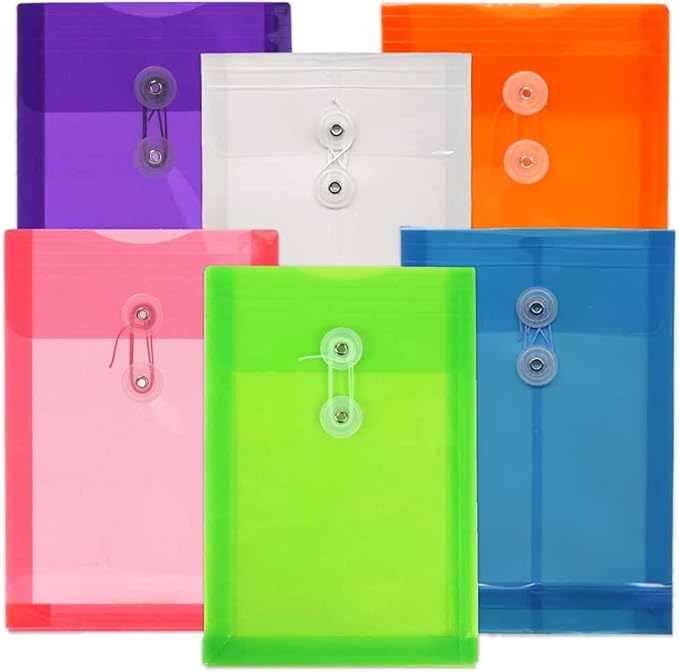 JAM PAPER Plastic Envelopes with Button & String Tie Closure - 6 1/4 x 9 1/4 - Assorted Colors - 6/Pack