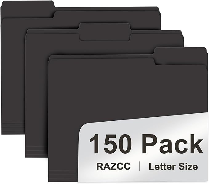 File Folder, RAZCC 150 Pack 1/3 Cut Tab File Folders Letter Size, Black Folders for Dcouments, Folders with Tab Great for Organizing and Easy File Storage