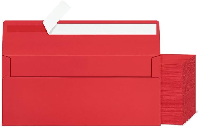 200 Red #10 Business Envelopes, Self Seal Standard Envelopes, Windowless Business Mailing Envelopes for Office, Checks, Letters, Invoices, Statements, Wedding, 4-1/8 x 9-1/2 inch