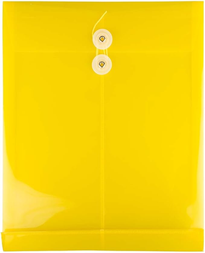 JAM PAPER Plastic Envelopes with Button & String Tie Closure - Letter Open End - 9 3/4 x 11 3/4 - Yellow - 12/Pack