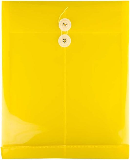 JAM PAPER Plastic Envelopes with Button & String Tie Closure - Letter Open End - 9 3/4 x 11 3/4 - Yellow - 12/Pack