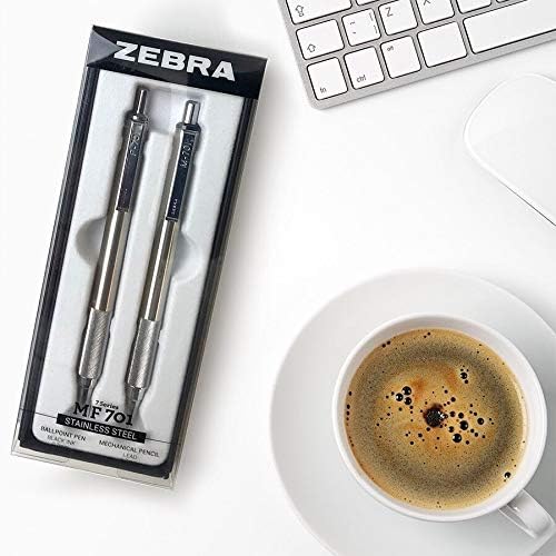 Zebra Pen M/F 701 Stainless Steel Mechanical Pencil and Ballpoint Pen Set, Fine Point, HB Lead and Black Ink, 2-Pack Gift Set (10519)