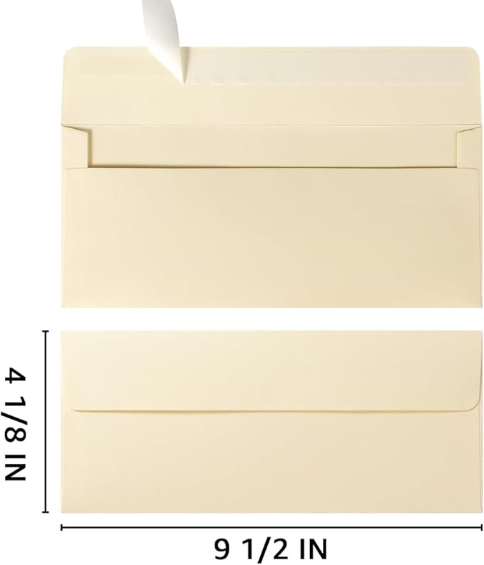 100 Pack Colorful #10 Business Envelopes Self Seal Standard Envelopes for Office Checks, Business, Letter Mailing Invoices, 4.13 x 9.49 Inches (Cream Color)