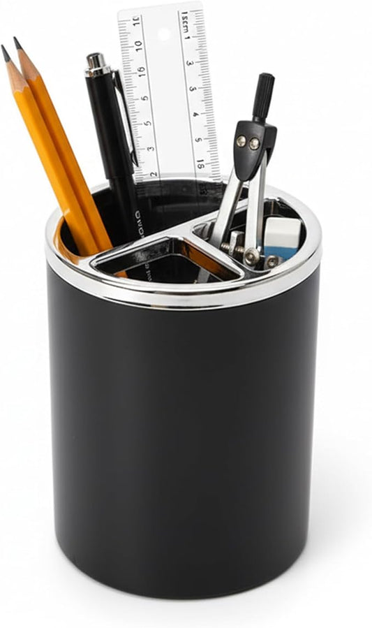 Black Pencil Holder for Desk | 3 Compartments Pencil Cups for Classroom, Home, Office Desks, Meeting Room | Pen Cup Holder for Desks & Decorative Pen Holders for Desk Cute Office Supplies