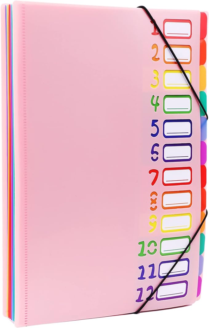 Rainbow Tab Expanding File Folder - 24 Pockets, Durable A4 Letter Size Organizer, Water-Resistant Plastic Dividers, Home/Office/School Document Holder (Pink)