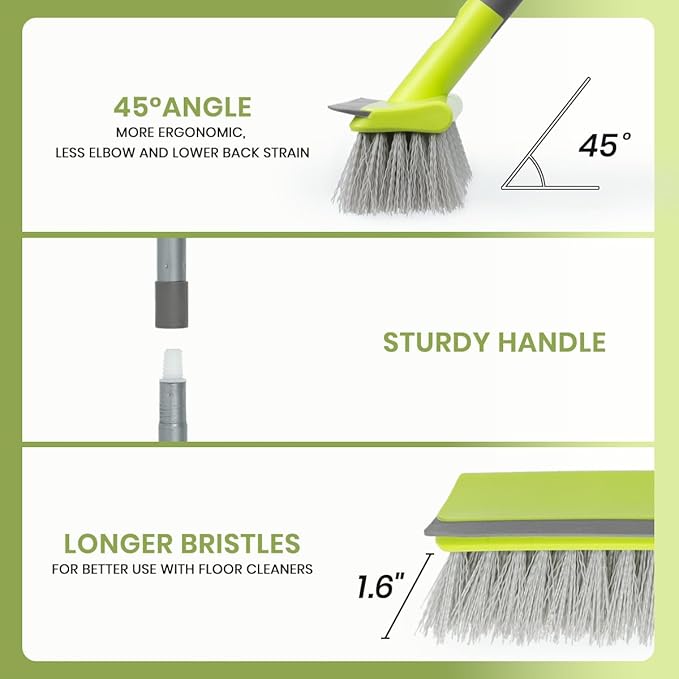 Floor Scrub Brush 2 in 1 Scrubber and Squeegee, Stiff Bristle Deck Brush for Cleaning Concrete, Patio, Garage, Kitchen, Carpet and Bathroom 57" Long Handle