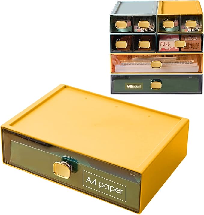 Stackable Desk Drawer Organizer 13''x9''x3.3'' Desktop Paper Organizer for Printer Paper File Office Drawer Organizer Box Clear Storage Drawer for Stationery, School, Dorm(Yellow,L-1 Drawer)