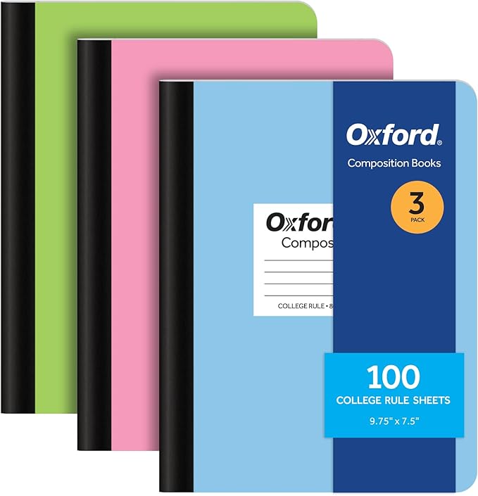 Oxford Composition Notebooks, 9-3/4 x 7-1/2 Inch School Journals, College Ruled Paper, Pastel Color Covers, 100 Sheets per Book, 3 Pack (1002520)