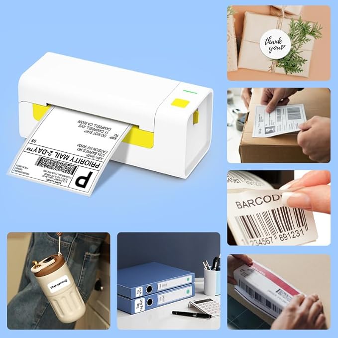 Bluetooth Thermal Shipping Label Printer for Small Business. Includes Paper Holder, 4x6 Labels, 2" Round Stickers, USB C, and E-Book.Compatible with Android, iOS, Windows, Mac.