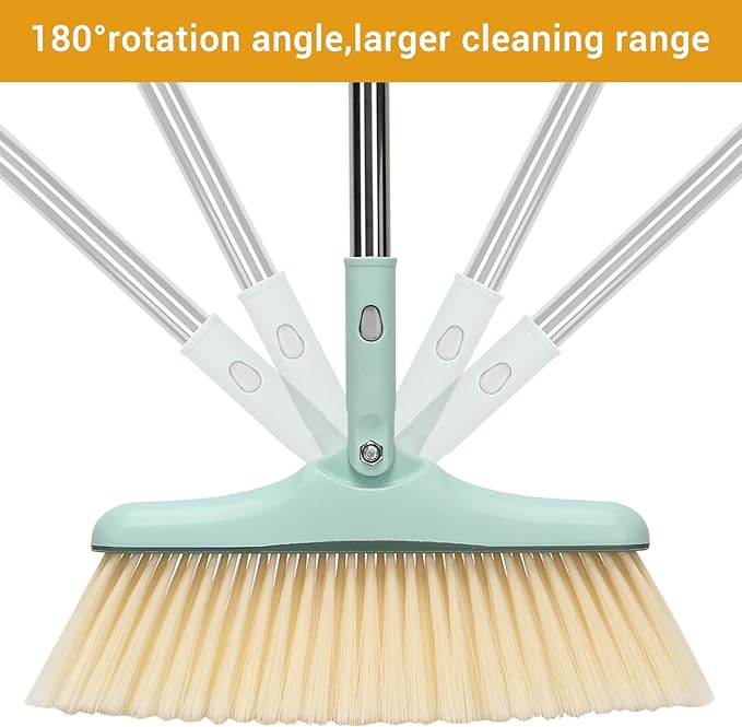 Sayene Broom and Dustpan Set,Long Handle Broom and Dustpan Set,Broom with Stand Up Dustpan Combo Set,for Home, Office, Lobby(Green)