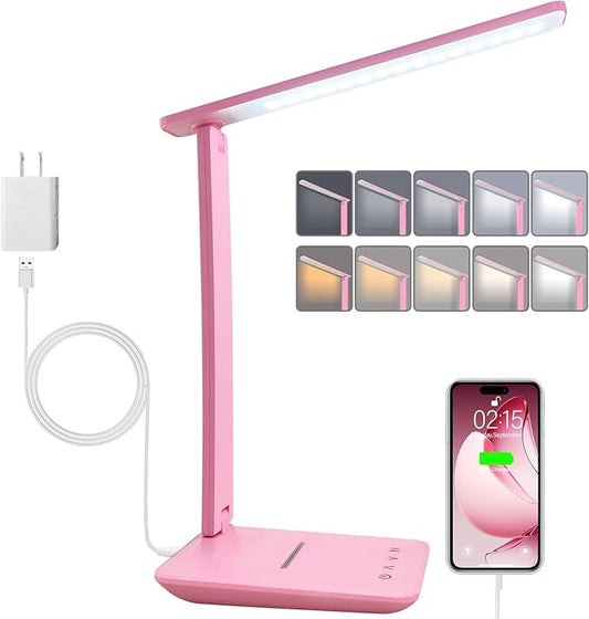 karidi LED Desk Lamp Dimmable Table Lamp with USB Charging Port, 5 Lighting Modes, Sensitive Control, Foldable Portable Desk Light for Home Office Bedroom Reading (Pink, Standard Size - 13.3 inch)