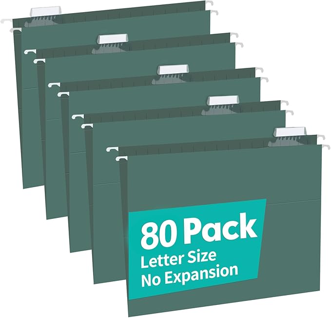 HERKKA Hanging File Folders, 80 Pack Reinforced Letter Size Hanging Folders with Heavy Duty 0 Inch Expansion, Designed for Bulky Files, Medical Charts, 1/5-Cut Adjustable Tabs, Green