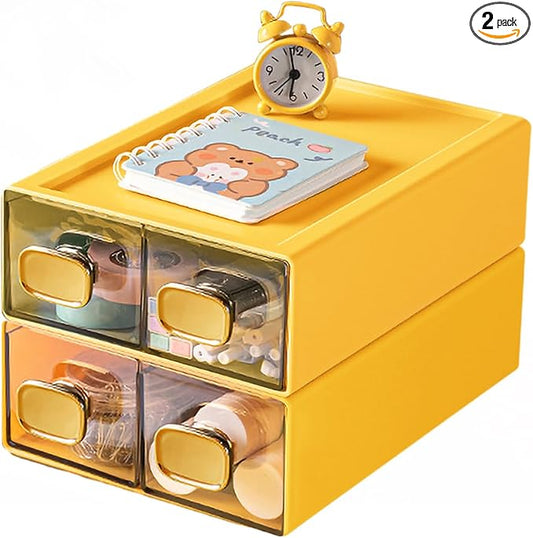 2PACK Stackable Desk Organizer Drawer 6.5"x9"x3" Desk Storage Drawer for Office Clear Plastic Organizer with Drawer for Stationery Cosmetic, Pen, Jewelry, Lipsticks (Yellow, M-2 Drawer)
