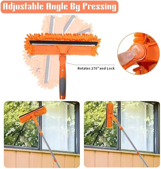 Window Squeegee Cleaner Kit - 2-in-1 Rotatable Window Cleaning Tool with Extension Pole, Professional Streak-Free Squeegee with Bendable Head for Indoor/Outdoor Windows & Car Glass