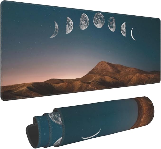 Dawn Moon Phase Large Mouse Pad, Mountains Gaming Desk Mat, XL Keyboard Desk Pad Mat for Desktop, 31.5"x11.8" Non-Slip Base Big Mousepad with Stitched Edges