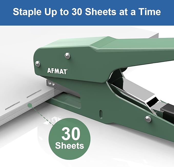 AFMAT Effortless Plier Stapler, Metal 30 Sheet Stapling Plier, 15000+ Stapling Times, with Staples & Reload Button, Handheld Stapler Heavy Duty, Space Save Size, Good for Office, Home, School, Green