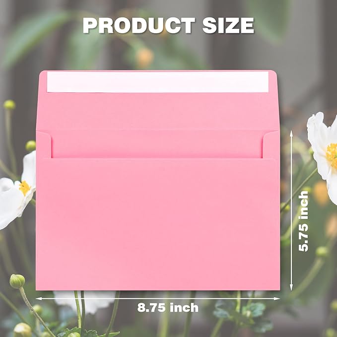 Pink A9 Blank Invitation Envelopes 50 Pack, 5-3/4 x 8-3/4 Inches Self Seal Envelopes - Ideal for Weddings, Business, RSVPs & Greeting Cards (Durable Finish)