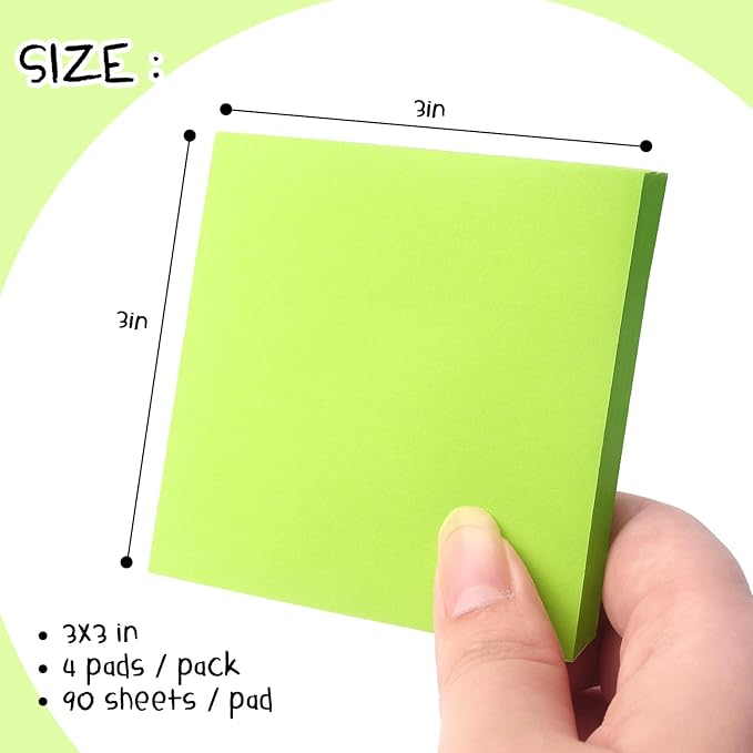Sticky Notes 3x3 Pop Up Self-Stick Notes Pads with Bright Colors, Easy to Post for Office, School, Home, 4 Pads/Pack, 90 Sheets/Pad (Green)