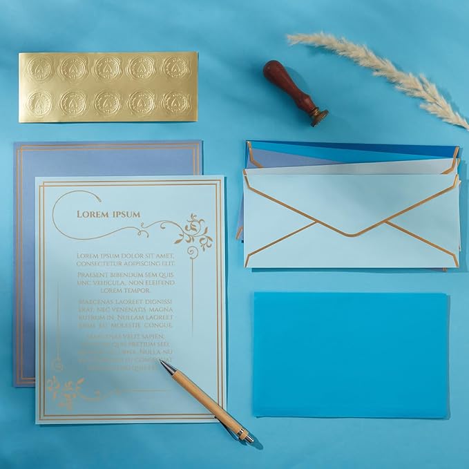 50 Pack 5 Colors Stationery Set with Gold Border, #10 Business Envelopes and 8.5x11 Paper Sheets and Stickers for Writing Letters (Blue)