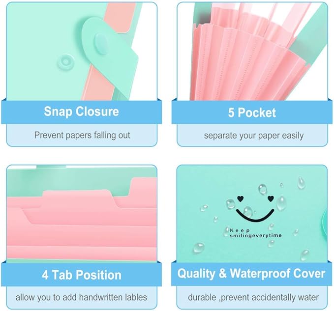 SKYDUE Expanding File Folders with 5 Pockets, Accordion File Organizer with 32 Labels, Portable Document Paper Organizer, Filing Folders, Letter / A4 Size, Pack of 4