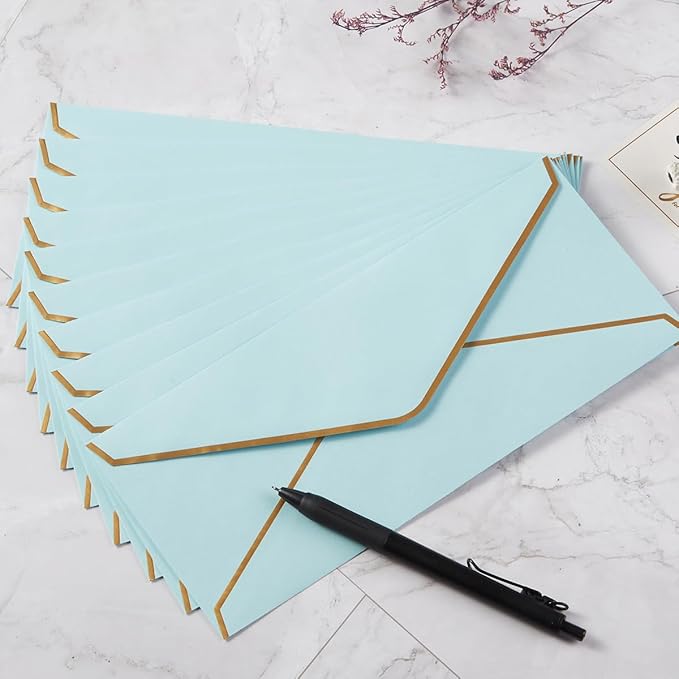 50 Pack #10 Business Envelopes with Gold Border, Self Seal Standard Envelopes with Gold Stickers for Office, Checks, Letter Mailing, Invoices, 4 1/8 x 9 1/2 Inches (Light Blue)