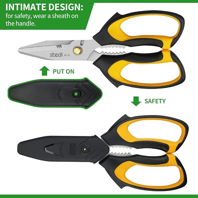 Stedi Scissors Heavy Duty 8-Inch,Multipurpose Scissors,Sharp Stainless Steel Shears with Serrated Edge & Protective Cover,Non-Slip Handle,Easy Cutting Cardboard, Carpet,Leather, Fabric, Wires, Yellow