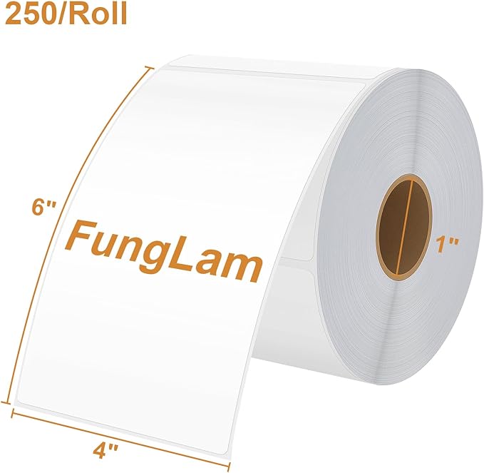 FungLam 4x6 Thermal Labels - 1000 Labels, 4 Rolls Direct Thermal Printer Label, Shipping Labels Compatible with Zebra, Rollo and Most Thermal Printer, Perforated Postage Label Paper, 250 Labels/Roll