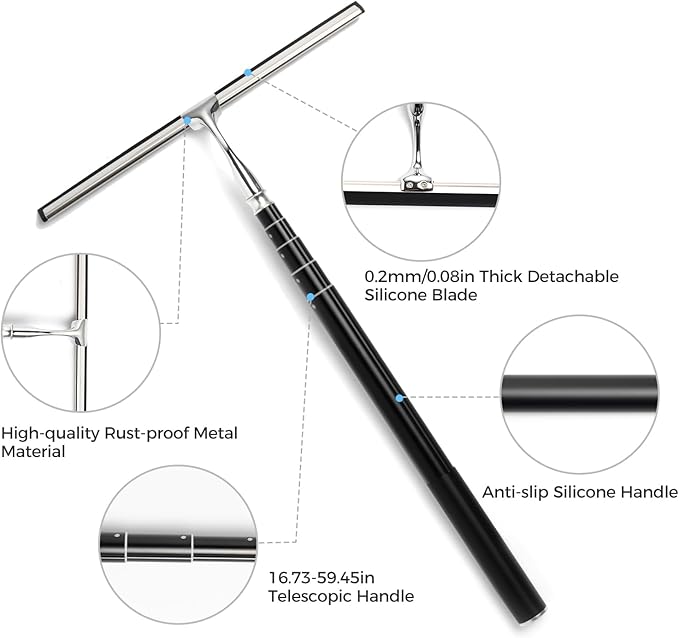 Mesiiloly 59.5" Long Handle Window Squeegee with Extension Pole, 12.4" Wide Metal Shower Squeegee for Glass Doors, Floor Squeegee for Home Window Cleaning, Tile Wall, Car
