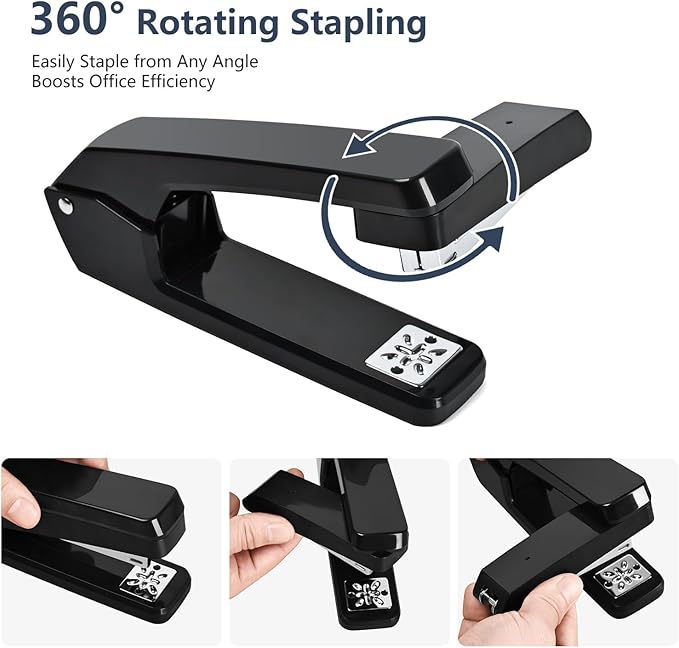 MJMX 360° Rotating Swing-Arm Stapler, 25-Sheet Capacity, with 1000 Staples, 8-Position Lock, ABS Durable Design, for Office/Home/School (Black)