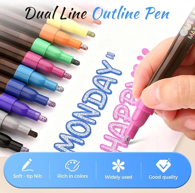 Marker Pen for Highlight, 2025 New Metallic Border Self Outline Pens, Children Art Creation Double Line Outline Markers, Festival Party Supplies Convenient for Posters, Painting Creations (12 color)