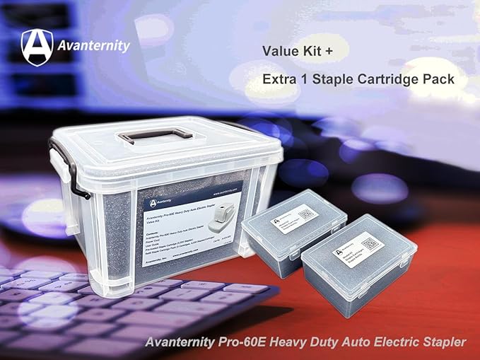Avanternity's Pro-60E Heavy Duty Auto Electric Stapler (Value Kit + Extra 1 Staple Cartridge Pack) - Secured 60 Sheet Capacity, Includes 35,000 Staples