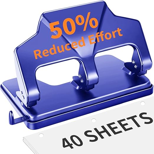 AFMAT HP15 Heavy Duty 3 Hole Punch, 40-Sheet Paper Punch, 50% Reduced Effort 3-Hole Punch, Metal Hole Puncher 3 Ring, Three-Hole Paper Puncher w/Large Chip Tray for Classroom, Office, Blue