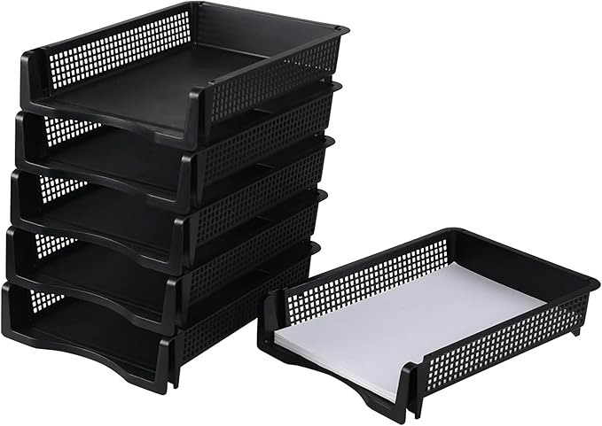 6 Pack Stackable Office Paper Organizer Tray, Desktop File Document Letter Tray Holder, Black
