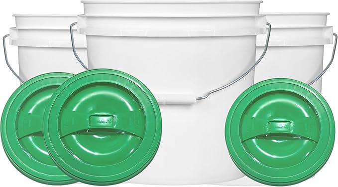 House Naturals 2 Gallon White Bucket with Screw on Lid - Pack of 3 Made in USA contrainers (White Buckets with Green Lids)