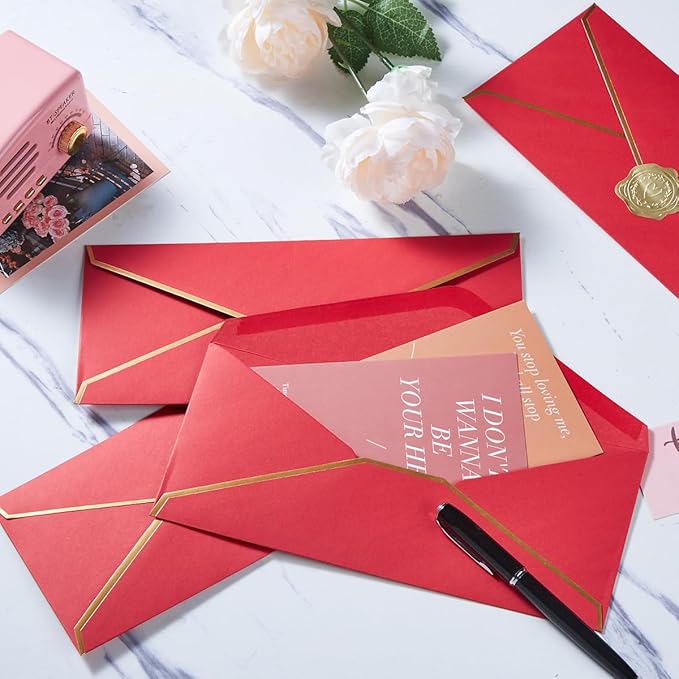 100 Pack #10 Business Envelopes with Gold Border, Self Seal Standard Envelopes with Gold Stickers for Office, Checks, Letter Mailing, Invoices, 4 1/8 x 9 1/2 Inches (Red)