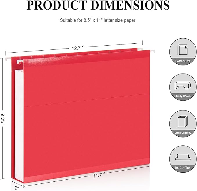 ViVin 50 Pack Letter Size Hanging File Folders with 50 Per Box, 1/5-Cut Adjustable Tabs, 2 Inch Expansion, Hanging Folders Designed for Office Bulky Files, Filing Cabinets(Assorted)