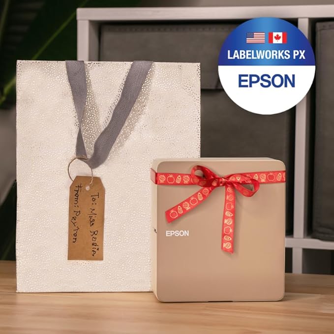 LABELWORKS Epson LW-C610PX Christmas Crafter Bundle - Label Maker and Brown Crafter Paper Tape and Red Ribbon