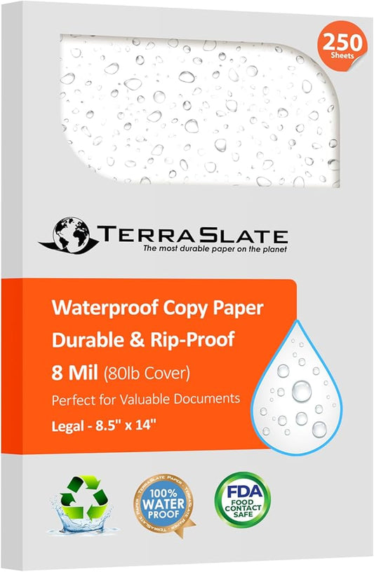 TerraSlate Waterproof Laser Printer Paper – 8 MIL 8.5"x14", 250 Sheets, White – Tear & Smudge Proof, Heavy-Duty for Outdoor Use, Ideal for Printing, Copying & More
