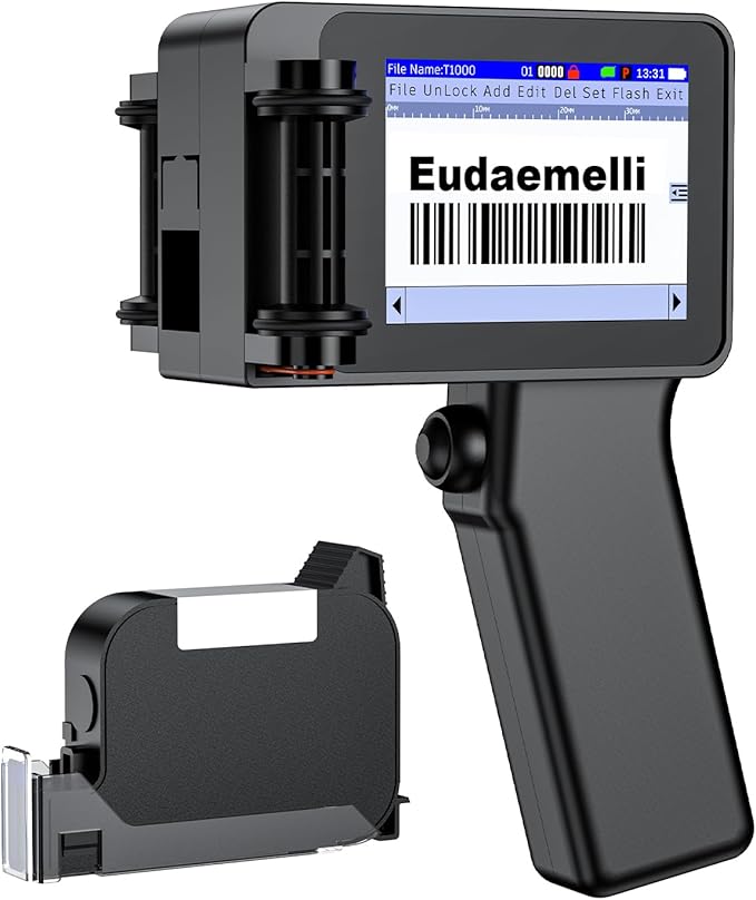 Mini Handheld Inkjet Printer, T1000 Printer Gun with 42ml Fast-Drying Ink Cartridge, Mini Date Printers for Date Coder, QRcode, Barcode, Batch Number, Text, Logo(Black, Printing Height: 0.08-0.5Inch)