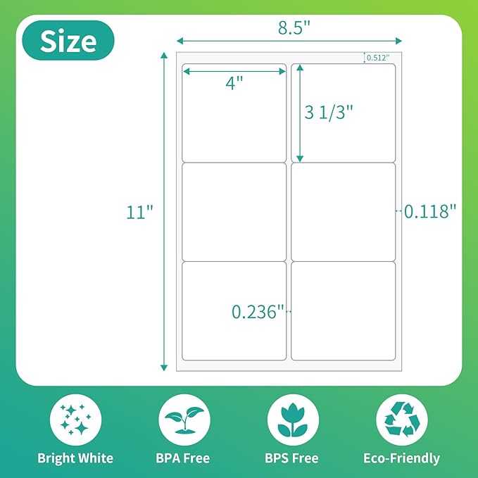 6 UP Labels, 4" x 3-1/3" Shipping Address Labels for Laser Inkjet Printer, Self Adhesive, Blank Mailing Ssticket Paper (1000 Sheet=6000)