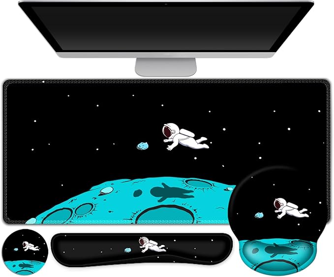 Gaming Mouse Pad, Large Desk Mat, Cute Desk Pad Protector, 4in1 XXL Mousepad + Keyboard Wrist Rest+Mouse Wrist Rest+Coaster Set with Ergonomic Desk Pad for Home Office PC Computer, Cool Space Alien