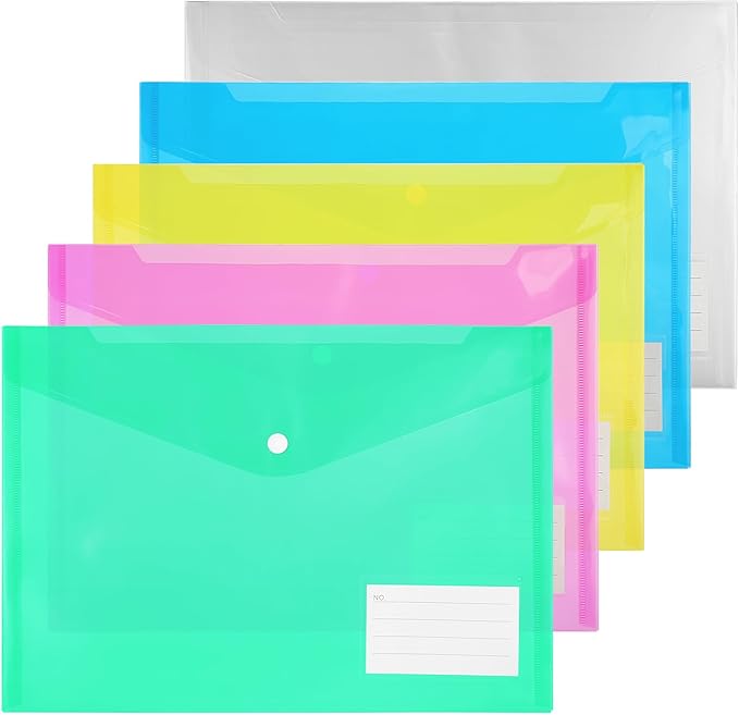 A4 Plastic Folders - Clear Envelopes with Snap Closure - Set of 50, Reusable Document Pouches