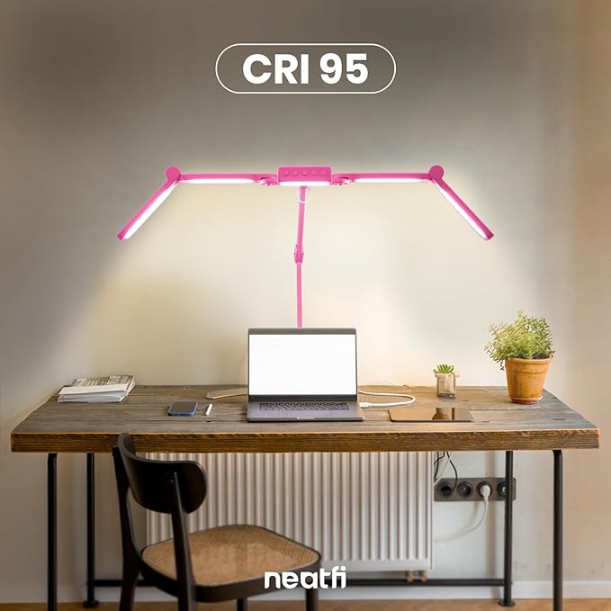 Neatfi (New Model) 3,000 Lumens LED Desk Lamp, Dimmable, 360 SMD LEDs, 30W, CRI 95, Adjustable Light Modes, Task Lamps for Home Office, Study Lamp, Desk Light Bar (CCT with Clamp, Pink, 44 Inches)