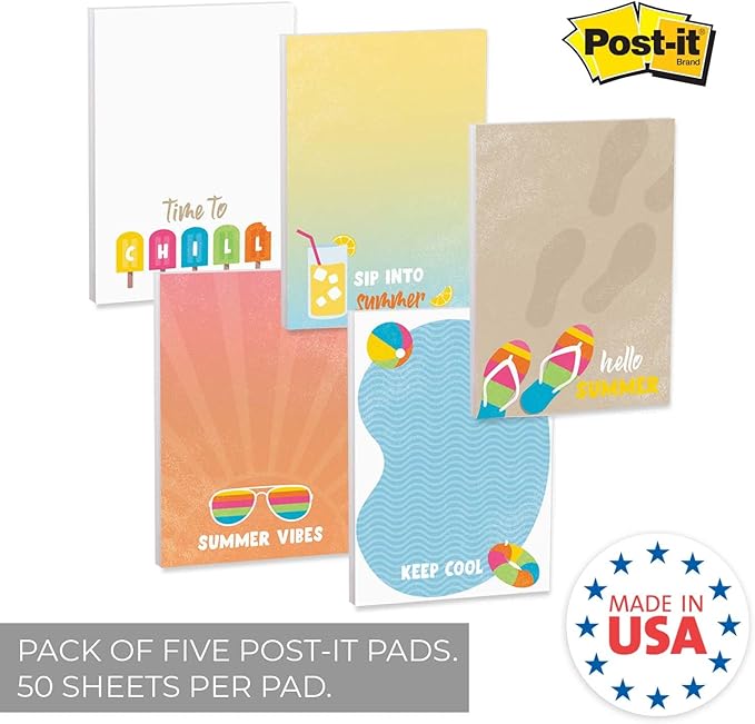 Gotcha Covered Notebooks Summer Vibes Sticky Note Set / 4" x 6" Repositionable Sticky Note Pads / Five Modern Beach Theme Designs / Made in The USA