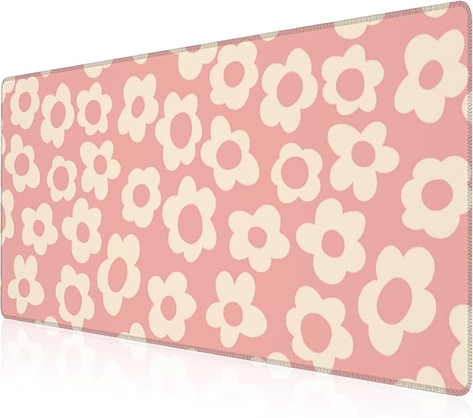 Mouse Pad, Large Pink Groovy Flowers Desk Mat, Extended Non-Slip Gaming Keyboard Mousepad Desk Pad, Thick Stitched Edges Waterproof Mouse Mat 31.5"x15.7" (Vintage Floral)