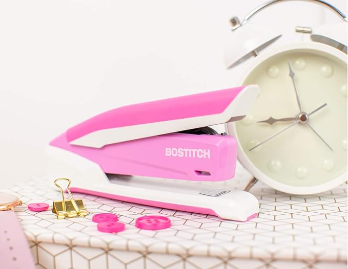 Bostitch Office InPower Spring-Powered Desktop Stapler, 20 Sheet Capacity, One Finger Stapling, Includes 210 Staples, Jam Free, Opens for Tacking, Breast Cancer Awareness Pink