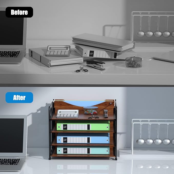 Desk File Organizer, 4-Tier Desk Organizers Wood with 5 A4 File Folders, Letter Size Office Organization, Letter Paper Tray Organizer for Office, School, Home, Black