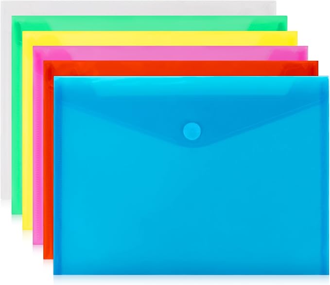 Clear Plastic Envelopes - 6 Pack Poly Plastic Envelope Folders with Closure A4 Letter Size Waterproof Reusable 6 Colors Ideal for School Office Home Documents Photo Puzzles Organization